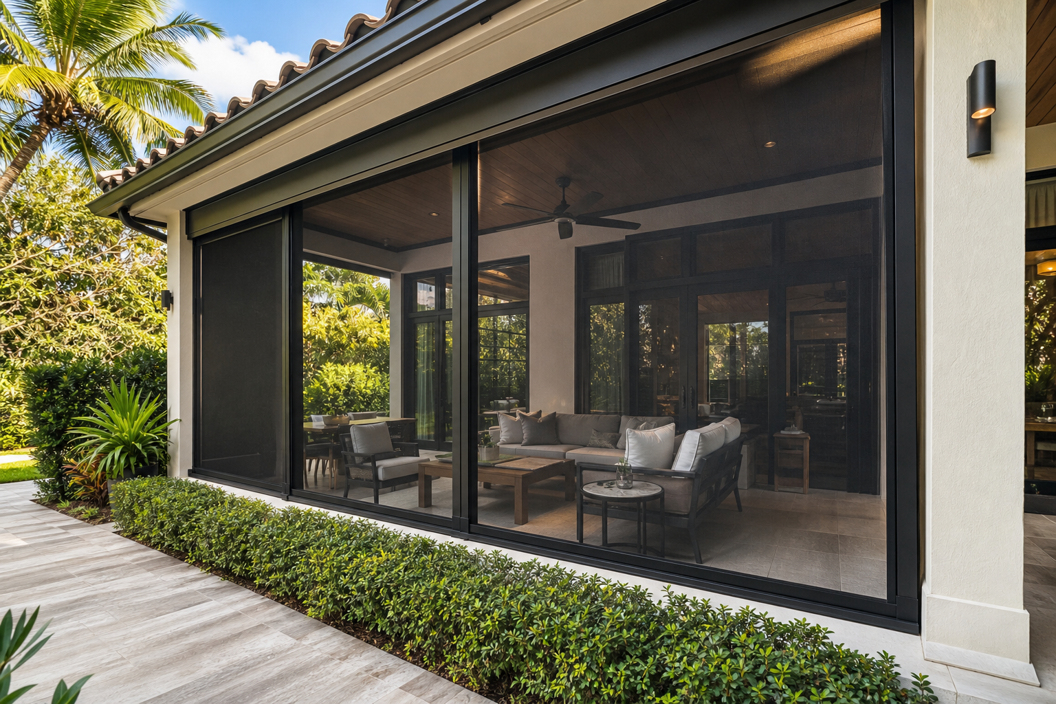 Custom patio screen mesh covering a shaded outdoor living area at a Pinecrest, Florida home