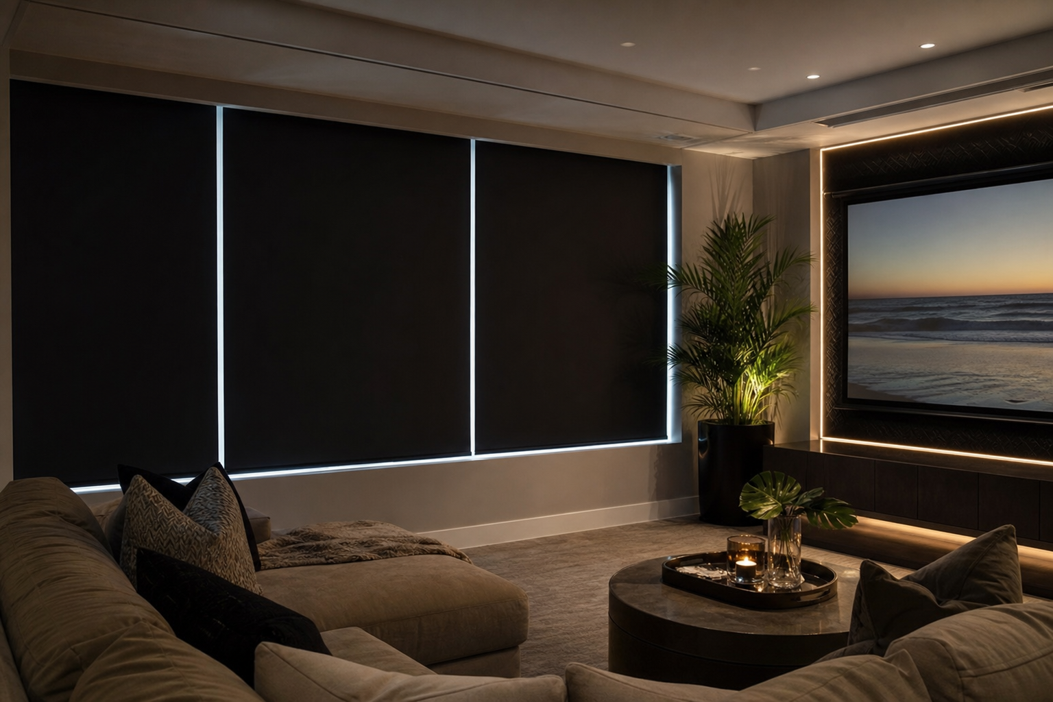 Custom blackout shades covering windows in a modern Key Biscayne home theater