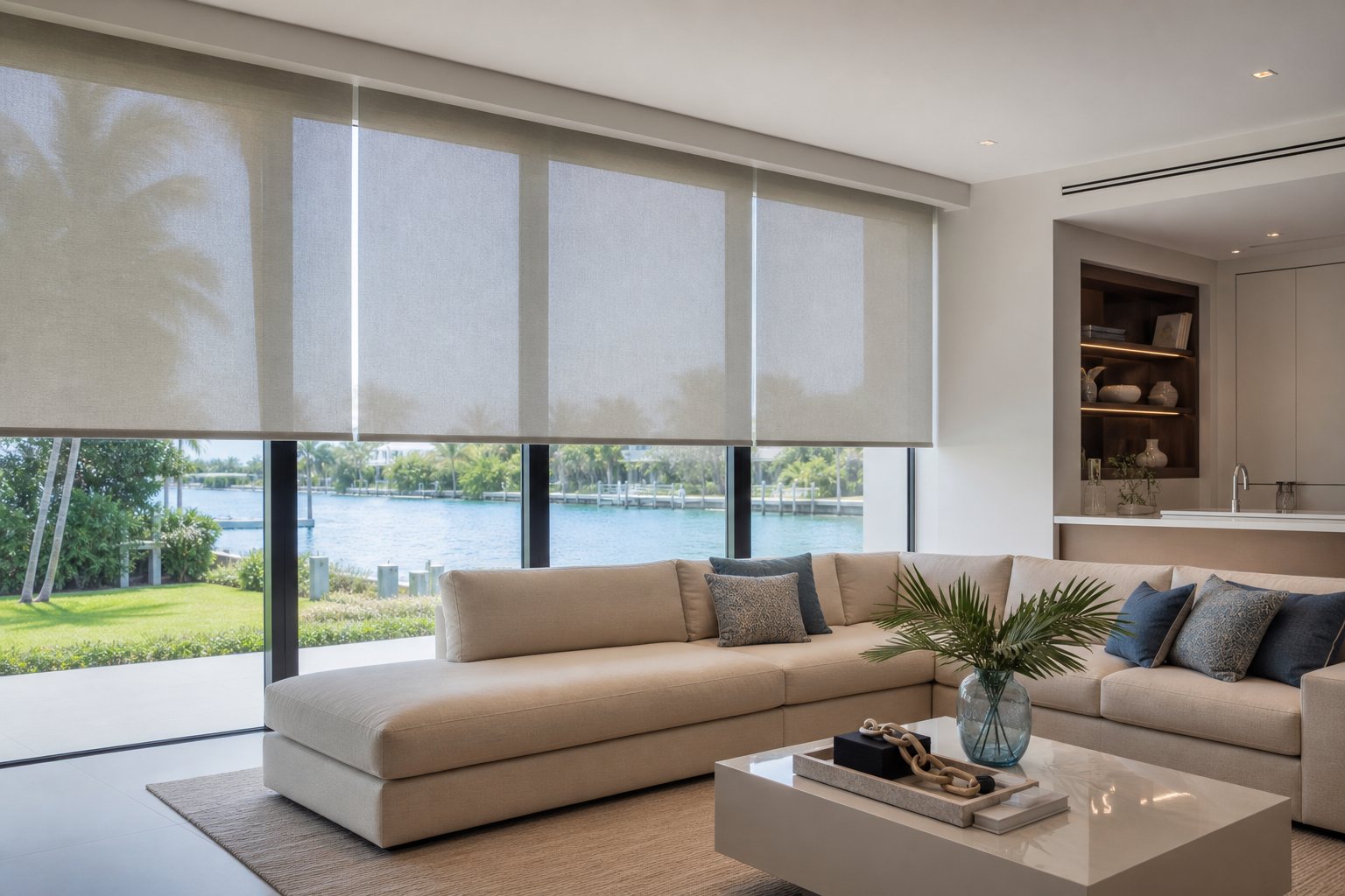Modern South Florida living room with custom roller shades covering large windows