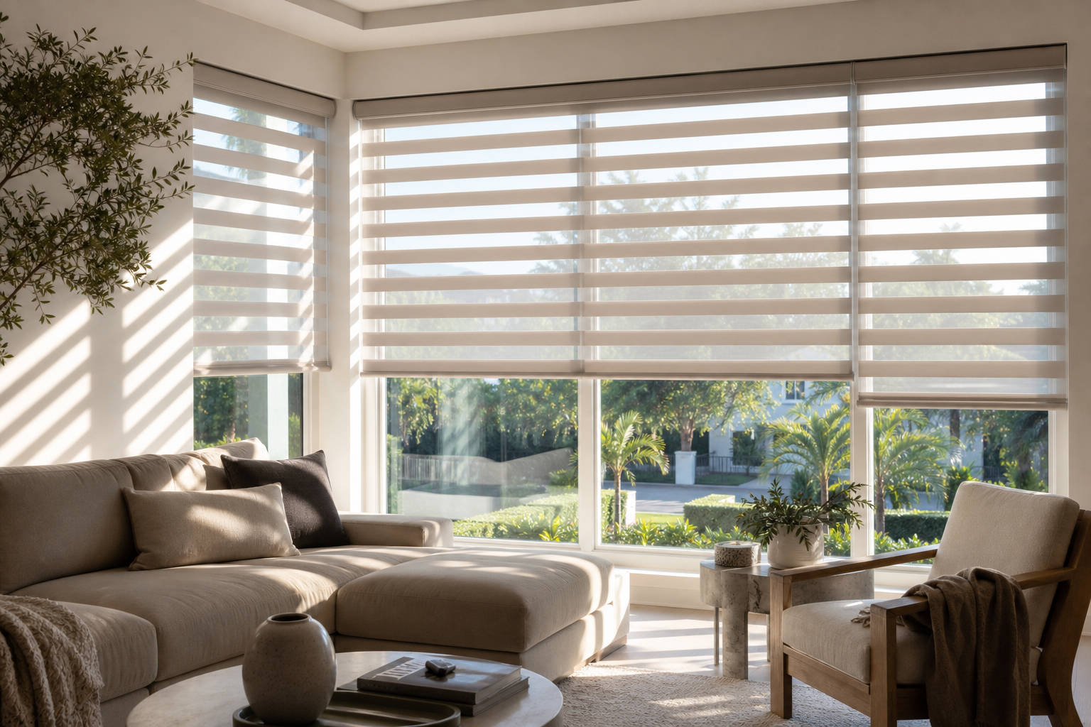 Custom zebra shades filtering bright sunlight in a South Miami living room
