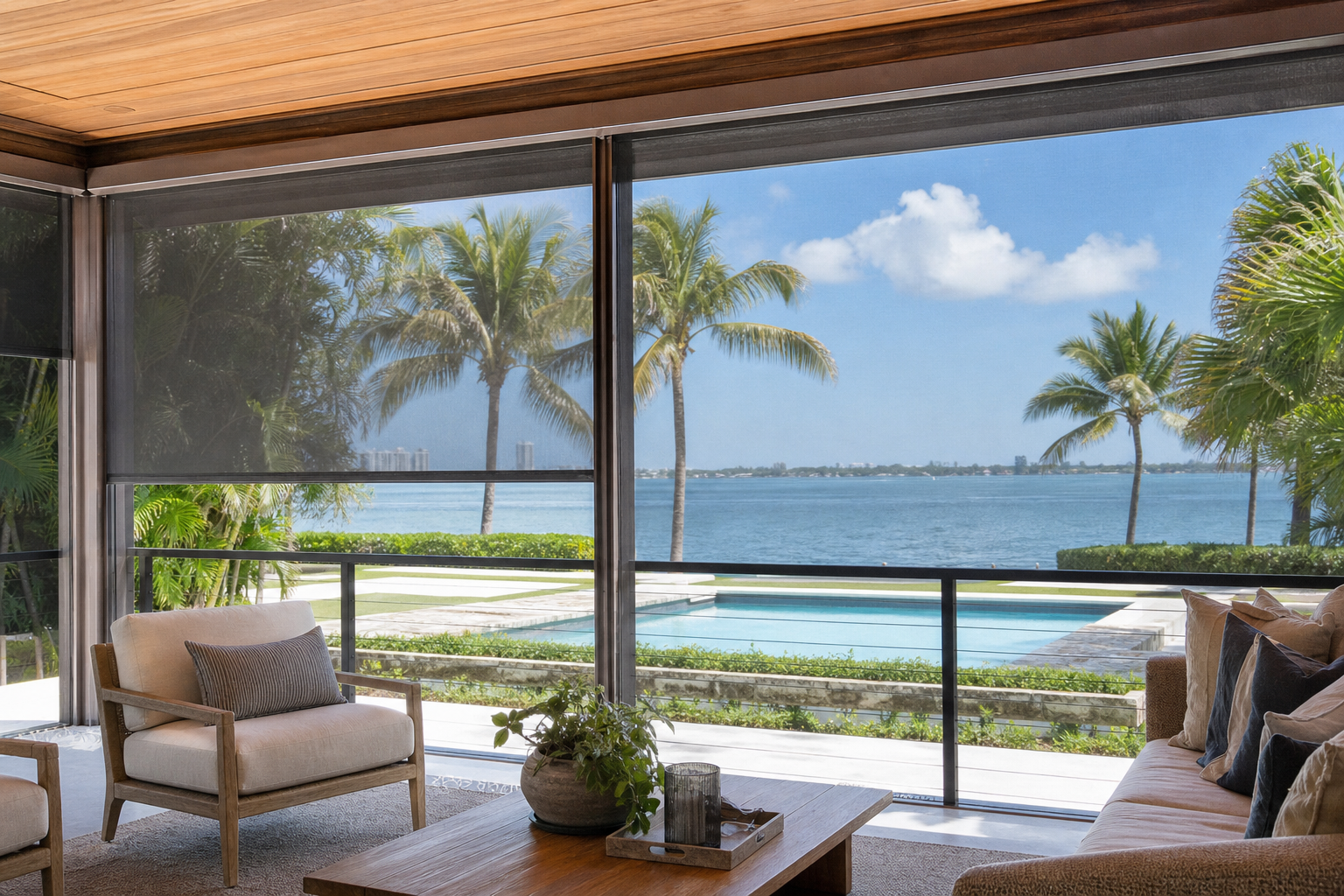 Custom patio screen installed on a bright Key Biscayne outdoor living area