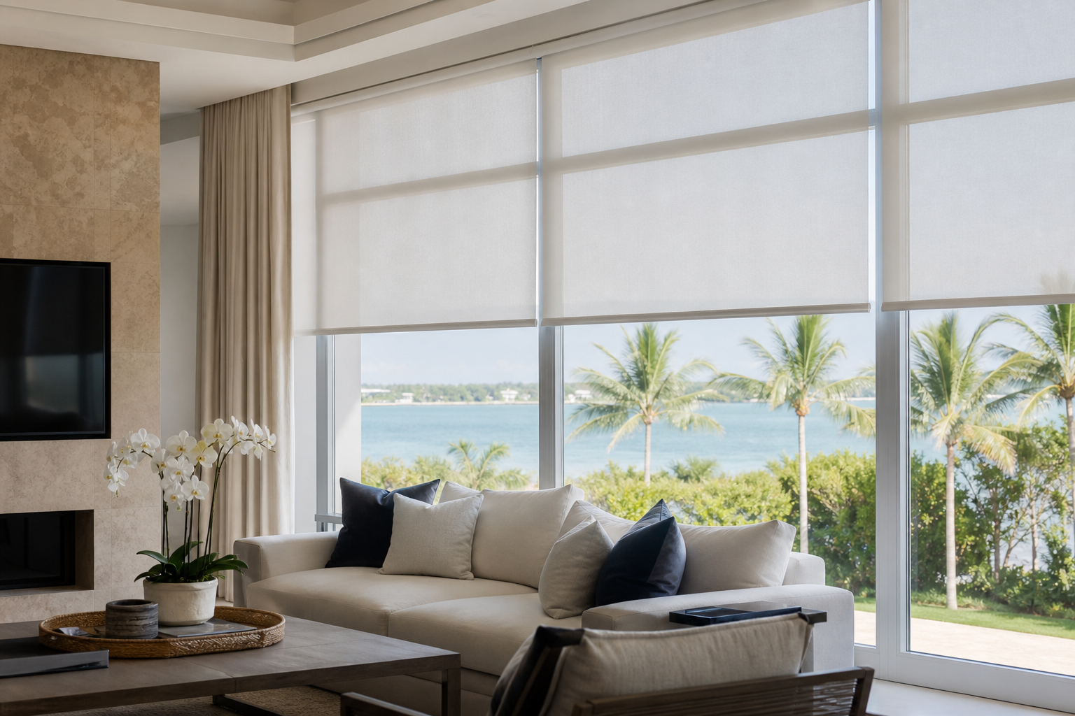Motorized roller shades covering large windows in a bright Key Biscayne living room