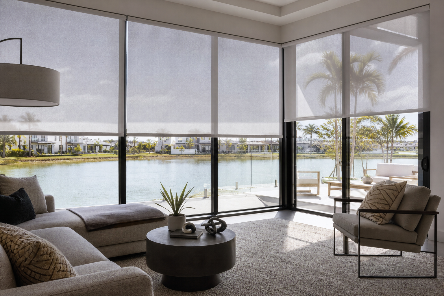 Custom solar roller shades filtering bright afternoon sunlight in a modern Doral, Florida living room