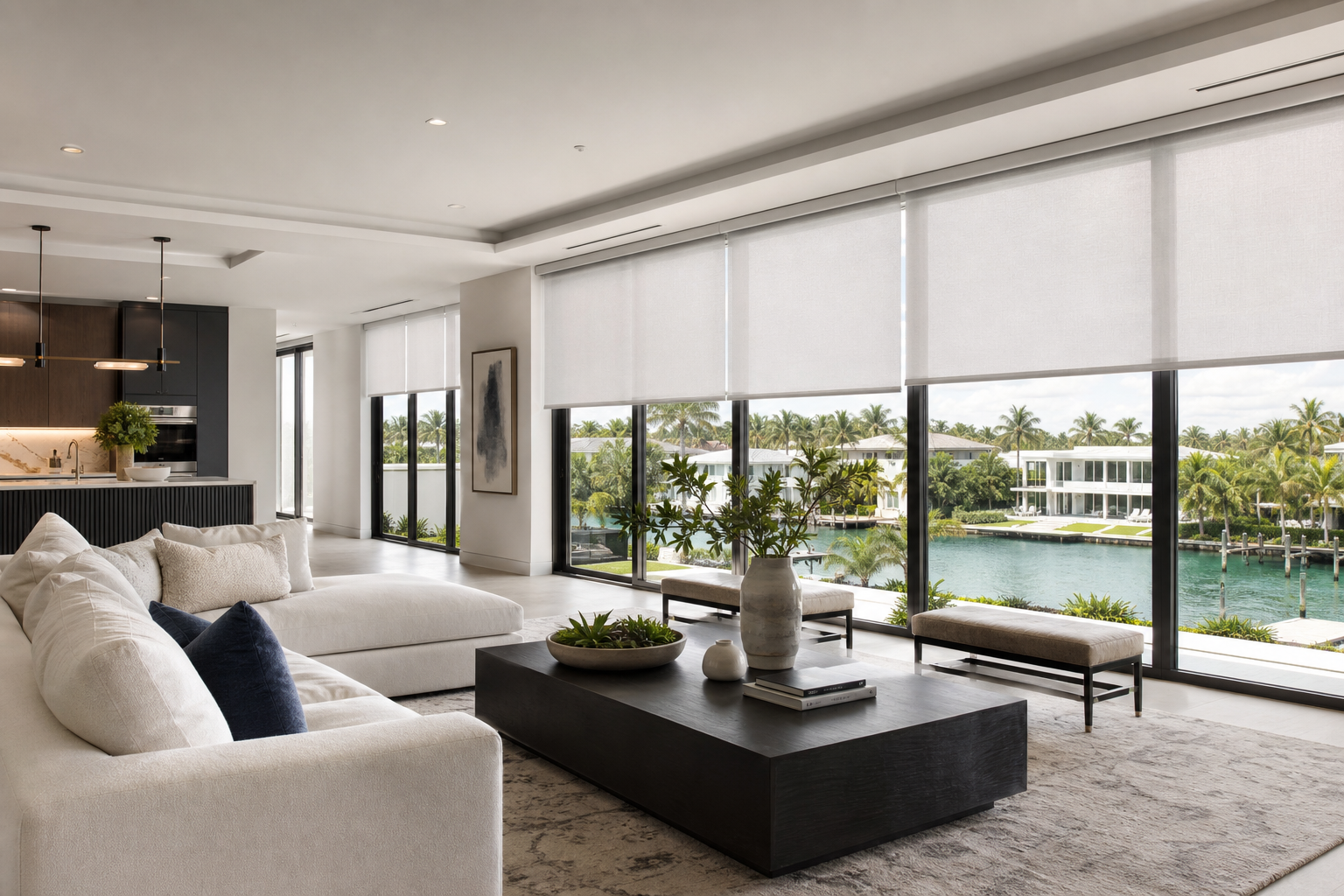 Modern South Florida living room with clean roller shades covering large windows